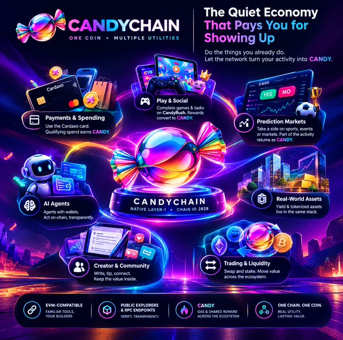 A promotional graphic for 'CANDYCHAIN' (One Coin, Multiple Utilities) titled 'The Quiet Economy That Pays You for Showing Up,' highlighting features like Payments & Spending, Play & Social, Prediction Markets, AI Agents, Creator & Community, Real-World Assets, and Trading & Liquidity.