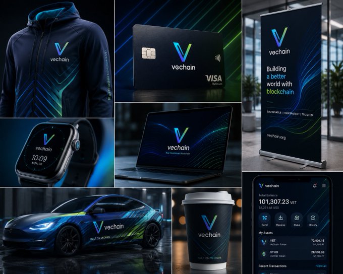 The image features a collection of various objects, including a car with a blue and green design, a laptop computer, an iPad, a coffee cup, a watch, a wallet, a credit card, and a poster. The objects are arranged in a grid-like pattern on a white background. The caption for the post reads "Day 25 of posting the VeChain logo till it hits new ATH".