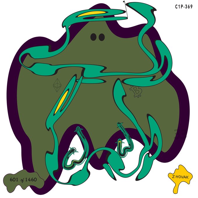 A colorful, abstract digital illustration featuring a green, blob-like character with eyes and teal accents, labeled "601 of 1460" and "C1P-369" by artist "Z HOVAK".