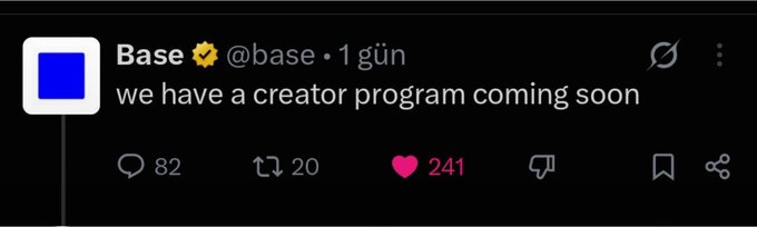 The image shows a tweet from Base (@base) stating "we have a creator program coming soon," which has garnered 241 likes, 82 replies, and 20 retweets. This relates to the accompanying post suggesting Base could be an initial pre-TGE project on Kaito, highlighting Base's active engagement and upcoming creator-focused initiatives on its platform.