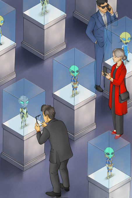 The image shows a man taking a picture of an alien figurine at a museum with several other people around him. The man is dressed in a suit, while one person is wearing a red coat. They are all looking at the same figurine, which appears to be made of glass and has a blue color. The scene suggests that they might be attending an exhibition or event related to space exploration or alien artifacts.