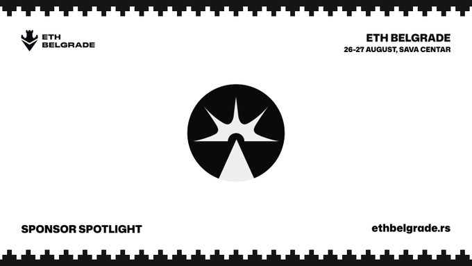 A black-and-white promotional graphic for 'ETH BELGRADE' (26-27 August, Sava Centar) featuring a central emblem and 'SPONSOR SPOTLIGHT' text at ethbelgrade.rs.