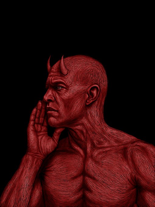 A red demonic figure with horns rests his hand against his chin in a contemplative pose against a black background, embodying "The Tempter." The artwork serves as a striking visual representation for the 1/1 NFT edition listed on the XTZ (Tezos) blockchain.
