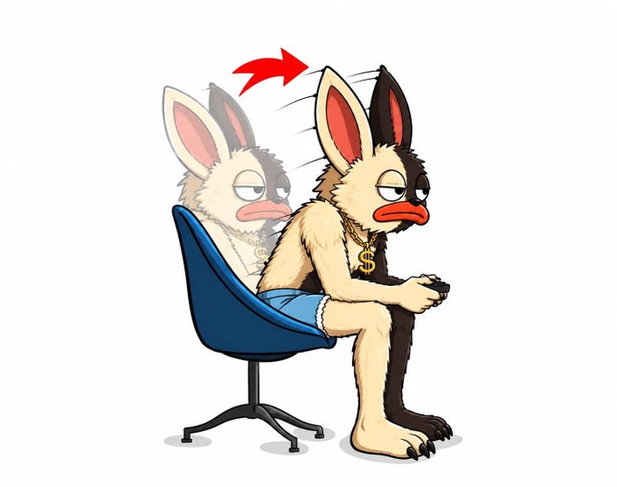 A cartoon meme shows a furry creature with large ears sitting in a chair playing a video game, with a red arrow pointing to its head and a faded duplicate image behind it.