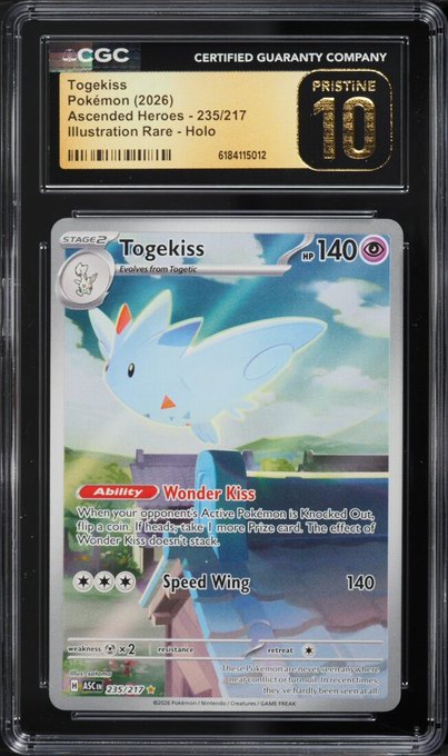 A graded CGC Pristine 10 Pokémon card featuring 'Togekiss 235/217' from the Ascended Heroes set (2026), a Stage 2 Psychic card with HP 140 and the attack 'Wonder Kiss.'