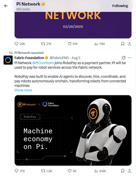 A Pi Network X post announcing that RoboPay joins Pi Network as a payment partner, enabling AI agents to autonomously discover, hire, coordinate, and pay robots through the Fabric network.