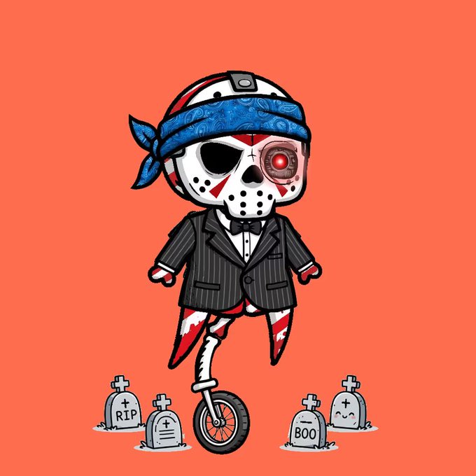 A stylized illustration of a skeleton character wearing a blue paisley bandana and pinstripe suit riding a unicycle, with small gravestones reading 'RIP', 'BOO', and featuring faces scattered at the bottom on an orange background.