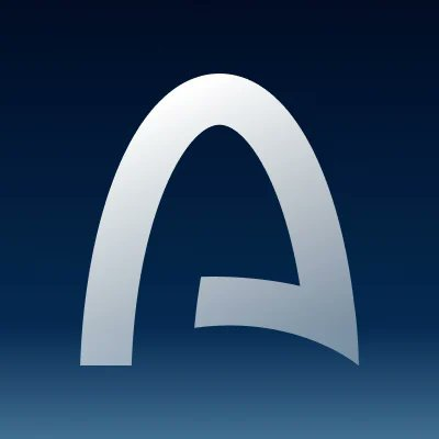 A large, silver letter "A" logo is displayed against a dark blue gradient background.