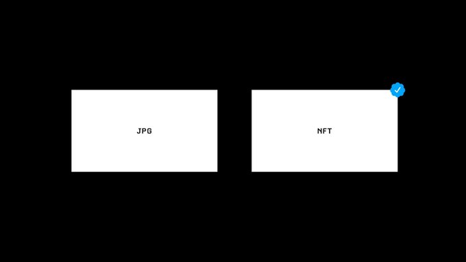 The image shows two white rectangles on a black background labeled "JPG" and "NFT," with a blue checkmark icon in the top right corner indicating the NFT option is selected, visually contrasting traditional image files with non-fungible tokens.
