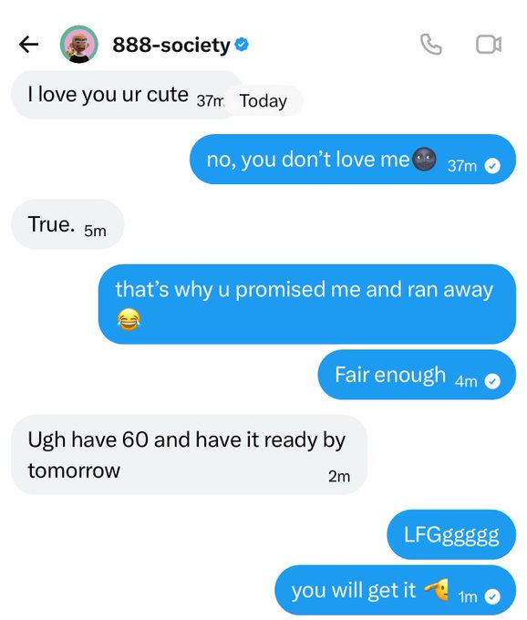 A Messenger conversation with "888-society" where the user playfully negotiates for 60 GTD spots, joking about love and promises, ending with "LFGgggg you will get it 🎉" — aligning with the post about locking in 60 GTD spots for the society's 10,000 supply NFT drop.