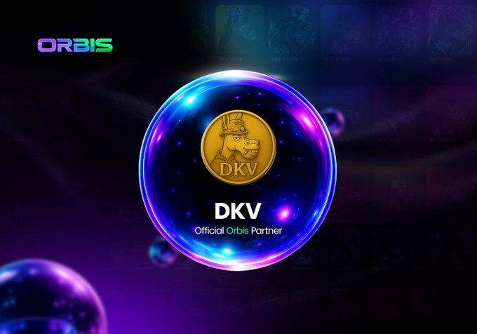 A promotional graphic for DKV as an 'Official Orbis Partner,' featuring a gold coin with a dog wearing a viking helmet inside a glowing purple and blue orb.