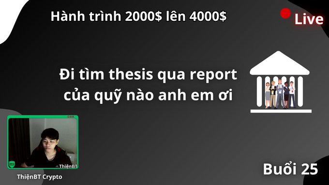 A live stream thumbnail titled 'Buổi 25' from 'ThiênBT Crypto' features Vietnamese text reading 'Hành trình 2000$ lên 4000$' and 'Đi tìm thesis qua report của quỹ nào anh em ơi,' with a small webcam feed showing a young man in the bottom left and a 'Live' indicator in the top right.