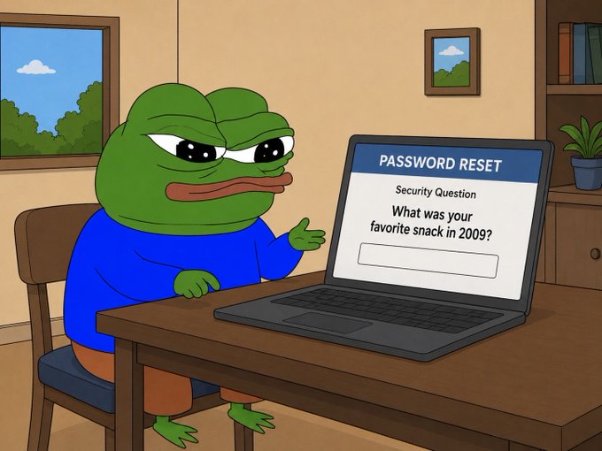 A cartoon illustration of a Pepe-style green frog sitting at a desk in front of a laptop displaying a 'PASSWORD RESET' security question that asks 'What was your favorite snack in 2009?'.