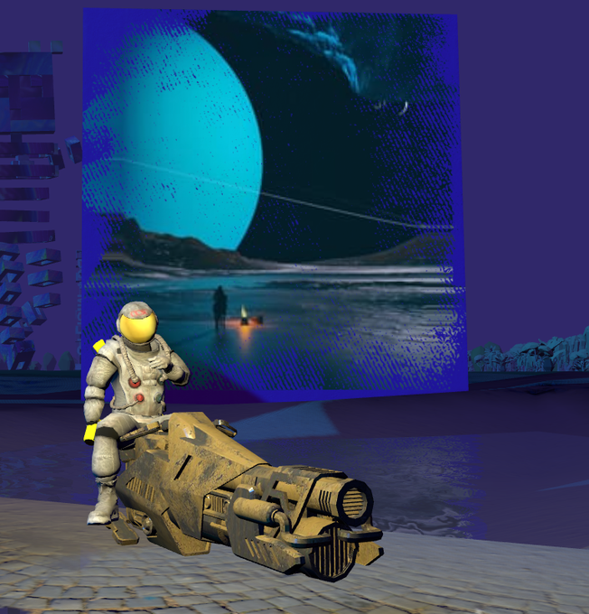 A 3D-rendered astronaut sits on a futuristic yellow vehicle in front of a large screen displaying a blue planet and a lone figure on a desolate landscape.