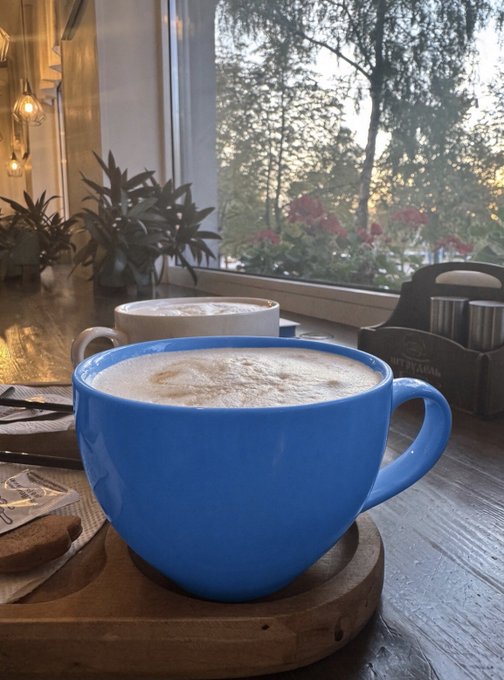 A blue ceramic mug filled with a frothy cappuccino sits on a wooden coaster in a café, with another cup and a 'HARDBACK' condiment caddy visible behind it near a large window.