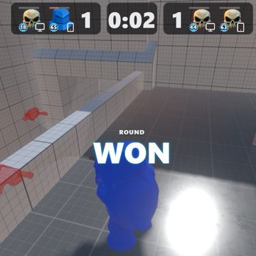 A gameplay screenshot of a multiplayer game showing 'ROUND WON' in the center, with a blue character in a tiled bathroom arena and a score of 1-1 at 0:02 remaining.