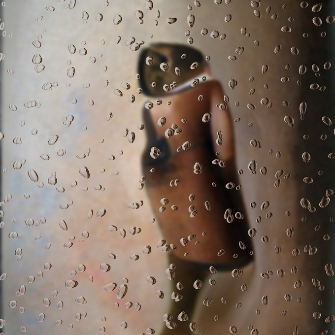 A silhouetted figure of a woman wearing a bikini, photographed through a window covered in raindrops, creating a blurred, moody effect.