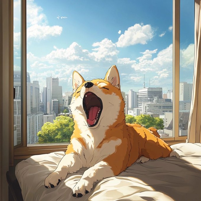 An animated Shiba Inu dog lies yawning on a bed by a sunny window overlooking a cityscape, embodying the carefree "Bonk" meme spirit behind the $Bonk crypto ticker.
