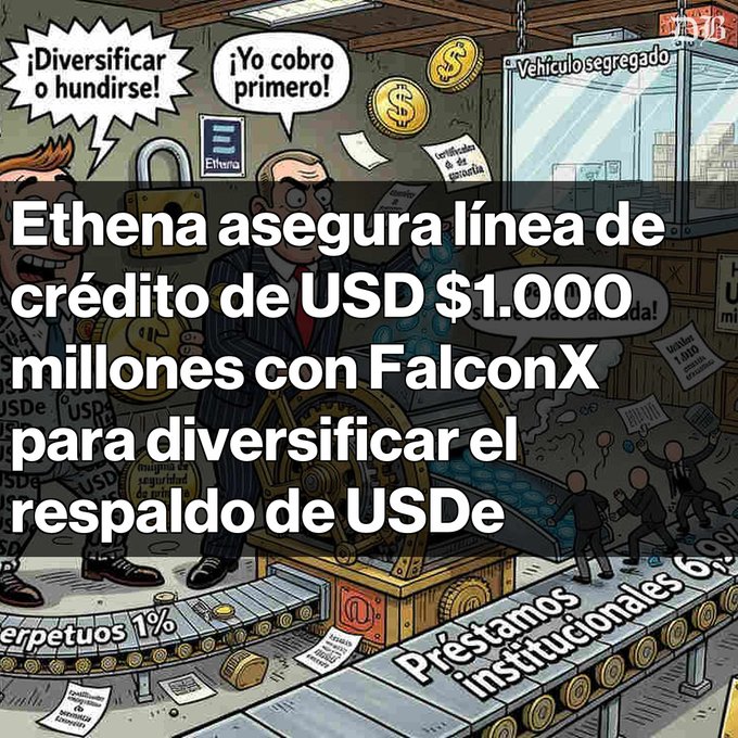 An illustrated meme depicting a man at a printing press with Spanish text reading 'Ethena asegura línea de crédito de USD $1.000 millones con FalconX para diversificar el respaldo de USDe', alongside speech bubbles saying '¡Diversificar o hundirse!' and '¡Yo cobro primero!'.