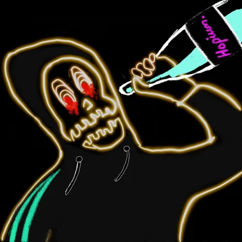 A crude digital drawing of a person with glowing red eyes grimacing while a hand labeled "wandy" sprays an unknown substance onto them.