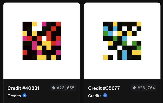 Two NFT-style listings displayed side by side: Credit #40831 priced at 23,655 ETH and Credit #35677 priced at 28,764 ETH, both marked as verified Credits.