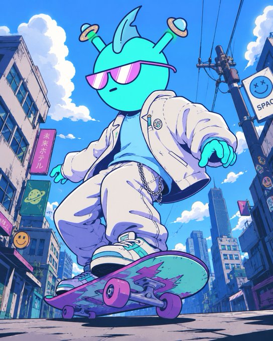 A stylized cartoon illustration features a blue alien with sunglasses and antennae, wearing a white jacket and sneakers, riding a skateboard down a city street with neon signs.