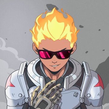 A stylized digital illustration depicts a confident character with bright flame-like hair, wearing pink-tinted sunglasses and a white futuristic jacket, with one metallic gloved hand raised to their chest. The fiery-haired figure visually represents the "Flame Head" NFT from the Racerz collection mentioned in the post, which notes only 33 units exist.