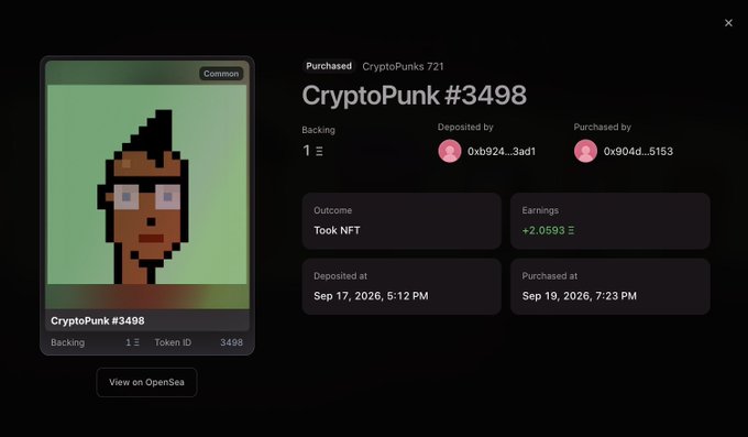 A digital NFT marketplace interface displaying 'CryptoPunk #3498' with details showing it was purchased by '0x904d...5153' for +2.0593 ETH on Sep 19, 2026, with a 'View on OpenSea' button.