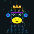A pixel art image depicting a small, stylized creature with a monkey face and a crown, set against a dark background with a blue dotted body.