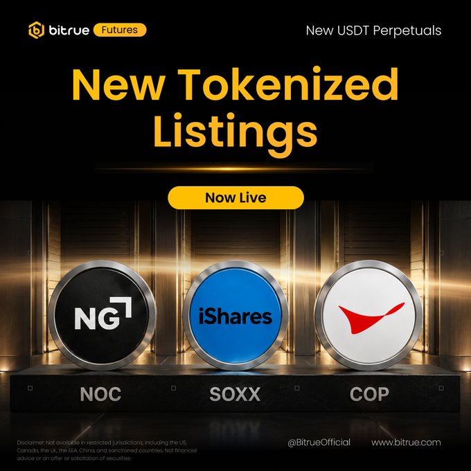 A Bitrue Futures promotional graphic announces new tokenized listings for NOC, SOXX, and COP USDT Perpetuals, featuring bold gold text reading "New Tokenized Listings" above a "Now Live" button, with three circular icons displaying the NG, iShares, and ConocoPhillips logos against a sleek metallic background.