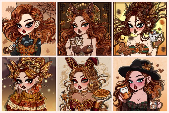 A collage of six stylized cartoon portraits of girls with elaborate autumn-themed hair, surrounded by squirrels, owls, and fall treats.