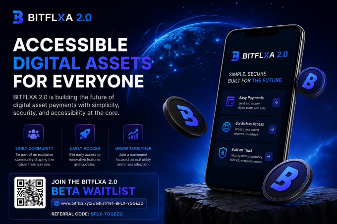 A promotional graphic for BITFLXA 2.0 featuring the tagline "Accessible Digital Assets for Everyone" and a smartphone mockup highlighting features like Easy Payments, Borderless Access, and Built on Trust, along with a QR code to join the beta waitlist at www.bitflxa.xyz/waitlist/?ref=BFLX-YGGEZD. The image visually reinforces the post's message about real builders creating accessible Web3 products beyond just watching charts.