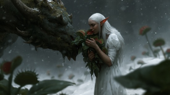 A fantasy scene depicting a pale woman with long white hair and pointed ears holding a bouquet of red roses close to the face of a large, dark dragon in a snowy environment.