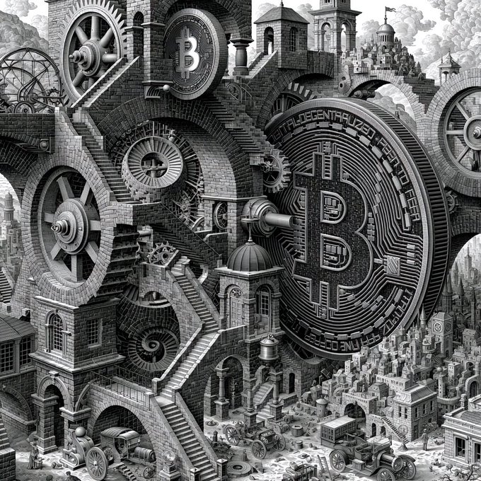 A highly detailed black-and-white steampunk-style illustration featuring an elaborate cityscape with intricate gears, staircases, and a large Bitcoin coin prominently displayed.