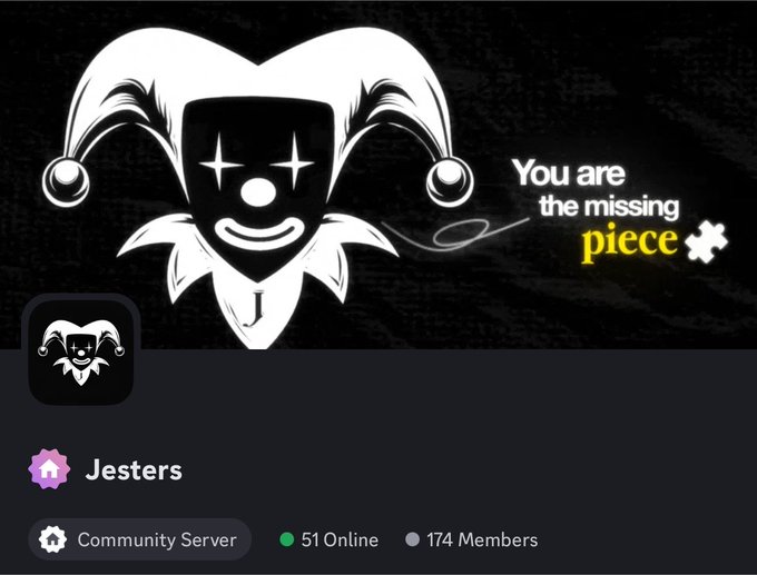 This image shows the "Jesters" Discord server, which has 51 online members and 174 total members, featuring a jester graphic and the text "You are the missing piece." The announcement invites new members to join the server.