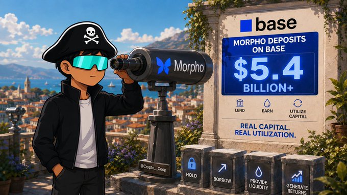A promotional graphic for crypto platform Morpho features a cartoon pirate character looking through a telescope, alongside text advertising 'MORPHO DEPOSITS ON BASE $5.4 BILLION+' and options to MOLD, BORROW, PROVIDE LIQUIDITY, and GENERATE RETURNS.