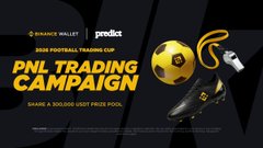 The image features a poster advertising a football trading competition called "Pnl Trading Campaign" at the "2026 Football Trading Cup". The poster shows several soccer balls and sports equipment, such as shoes, a referee's whistle, a book, and a soccer ball. A yellow logo is also displayed on the poster along with the text "Prediction Markets @Binance Wallet", indicating that the competition is related to financial markets, specifically currency trading. The poster offers a prize pool of US$4,200, suggesting the winner could potentially earn a substantial reward for their participation in the competition.