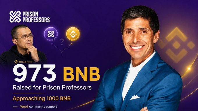 A promotional graphic for "Prison Professors" featuring CZ (Changpeng Zhao) of Binance shows that 973 BNB has been raised for the initiative, approaching the 1000 BNB milestone thanks to Web3 community support. The image directly ties to the post's celebration of BNB's growing momentum, highlighting how initiatives like this are helping drive volume and engagement on BNB Chain.