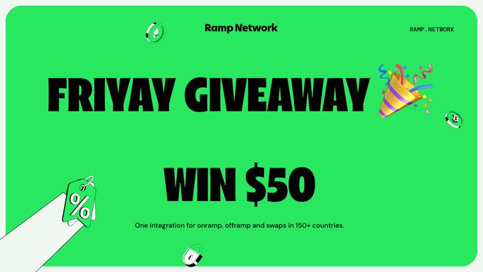 The image is a vibrant green promotional graphic for "Ramp Network" announcing a "FRIYAY GIVEAWAY" with a "WIN $50" prize, featuring a party popper and discount tag illustration. The text "One integration for onramp, offramp and swaps in 150+ countries" appears below, directly tying the giveaway to Ramp Network's crypto services, which provides context for the trivia question about earning rewards on their platform.