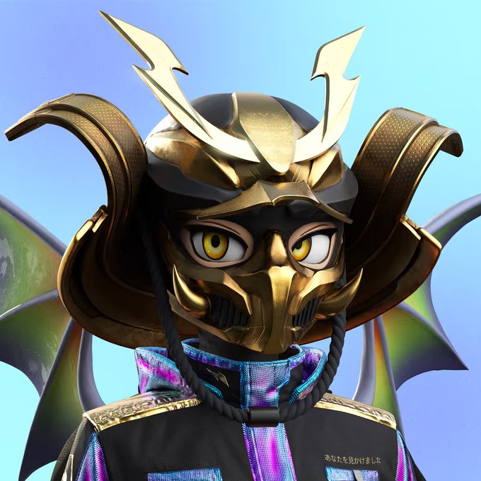A CloneX avatar wearing an ornate gold samurai helmet with horn-like protrusions and a holographic iridescent outfit gazes forward against a blue sky, featuring the Japanese text "あなたを見かけました" ("I saw you") on its chest, tying into the post's showcase of a notable CloneX NFT moment.