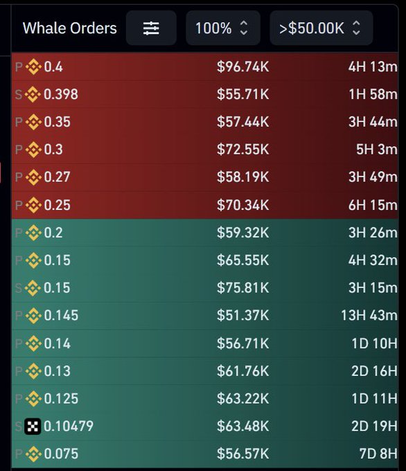 The image displays a "Whale Orders" tracker showing large buy (green) and sell (red) orders for $ACE, with price points ranging from $0.075 to $0.4, dollar values between $51.37K and $96.74K, and time durations spanning from 1H 58m to 7D 8H. The list reveals significant whale activity, including notable sell orders at $0.398 ($55.71K) and $0.4 ($96.74K), alongside multiple buy orders clustered around the $0.13-$0.2 range.