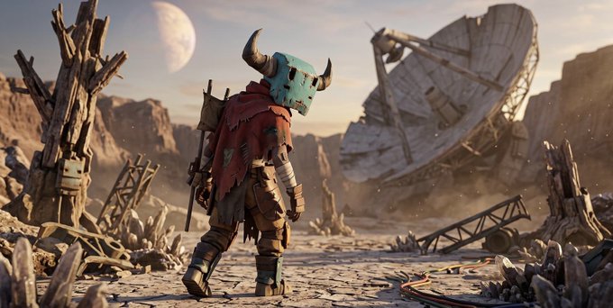 A digital artwork depicts a horned, masked character with a red cape standing in a rocky, desert-like wasteland with a large satellite dish and a moon visible in the sky.