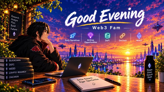 The image features an anime-style character gazing at a vibrant Web3 cityscape at sunset, with "Good Evening Web3 Fam" displayed prominently alongside icons for Early Narratives, Airdrop Opportunities, DeFi, Onchain, and Web3. A notebook reads "Better Research Bigger Opportunities," complementing the post's message about using tools like @zerufinance to analyze wallet behavior beyond single transactions for deeper DeFi insights.