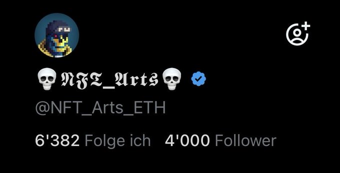 A Twitter/X profile for '@NFT_Arts_ETH' featuring a pixel art avatar, skull emojis, a blue verification checkmark, and 6,382 following with 4,000 followers.