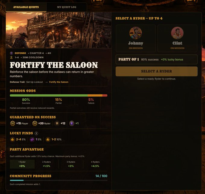 A screenshot of a video game interface showing a quest titled 'FORTIFY THE SALOON' from a 'DEFENSE' chapter, displaying mission odds (80% success, 15% partial, 5% failure) and a party selection menu with characters 'Johnny' and 'Clint'.