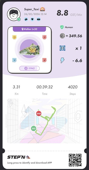 iphone screen displaying a fitness app with a cartoon character, purple background, and icons for "Super Taxi", "TikTok", "WALKER", "HUMAN", "X1", "X2", "X3", "X4", and "X5".