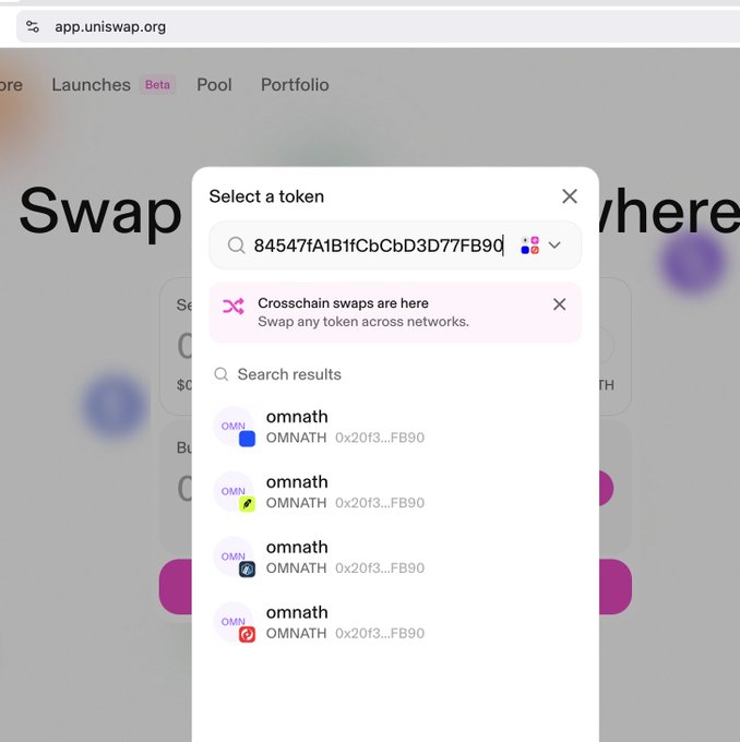 A screenshot of Uniswap's token selection interface shows search results for "84547fA1B1fCbCbDD3D77FB9d..." displaying four "omnath" (OMNATH) tokens with identical contract addresses (0x2013...FB90) across different networks, visually confirming the post's claim that the token shares the same CA on multiple chains.