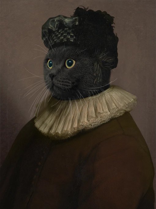 A whimsical portrait of a black cat with yellow eyes, dressed in historical attire with a pleated white collar and dark bonnet against a brown background.