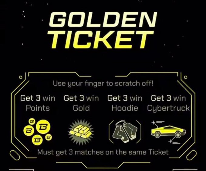 A graphic for a 'GOLDEN TICKET' scratch-off game with four categories—Points, Gold, Hoodie, and Cybertruck—instructing users to 'Get 3 matches on the same Ticket.'