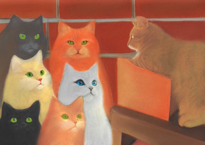 A painting depicting a group of six cats of various colors (black, orange, white, gray) sitting together against a red background.